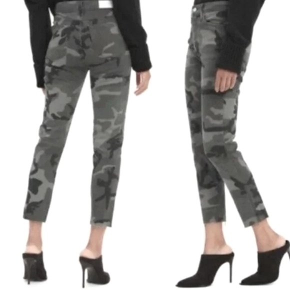 RE/DONE High Rise Ankle Crop Stretch Fray Hem Grey Camo Jeans 25 - Picture 1 of 12